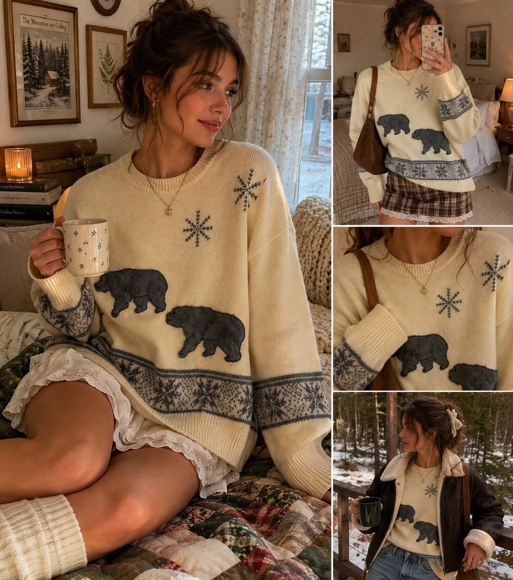 Vintage Lucia Bear Sweater Lambswool Blend Nordic Snowflake Cabincore L